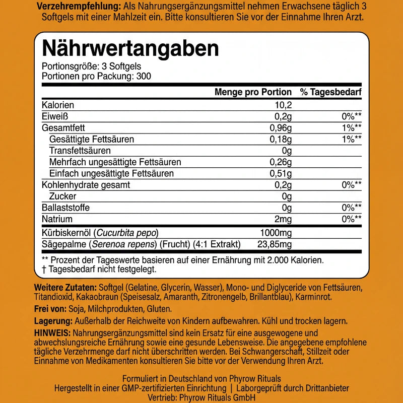 Phyrow® Kürbiskernöl & Sägepalme Kapseln für maximale Haardichte