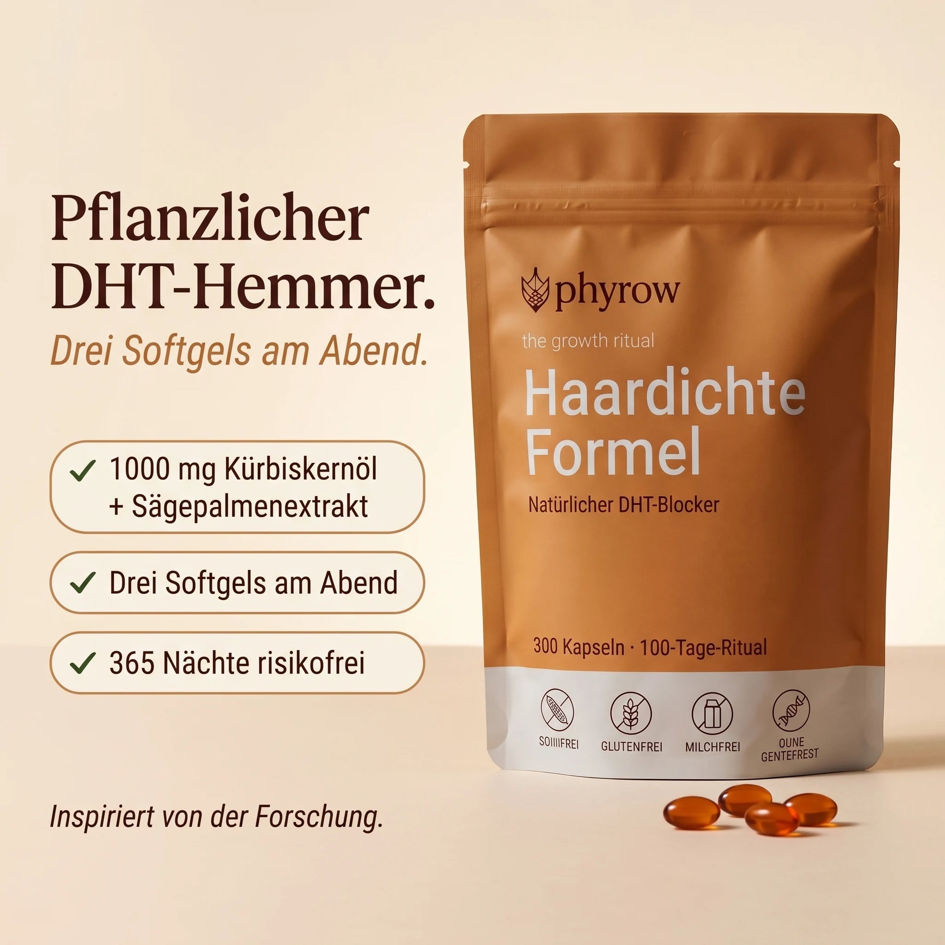 Pflanzlicher DHT-Hemmer. Pouch und drei Softgels, mit Headline und drei Benefit-Chips: 1000 mg Kürbiskernöl + Sägepalmenextrakt, drei Softgels am Abend, 365 Nächte risikofrei.