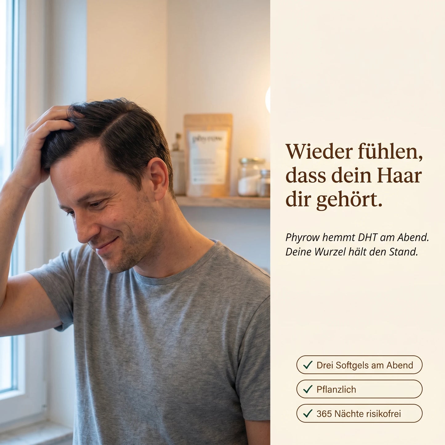 Mann fährt mit der Hand durch sein Haar im Badezimmer am Morgen, Headline Wieder fühlen dass dein Haar dir gehört.