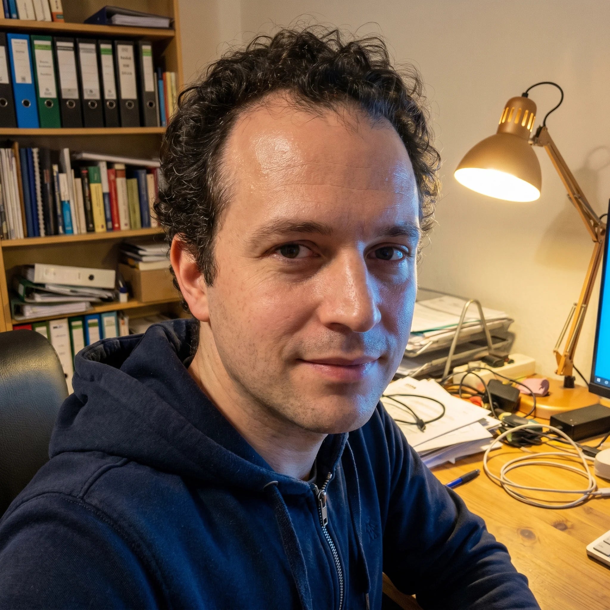 Mann Mitte 30 im Homeoffice am Abend, navy Hoodie, Kopfhörer um den Hals.