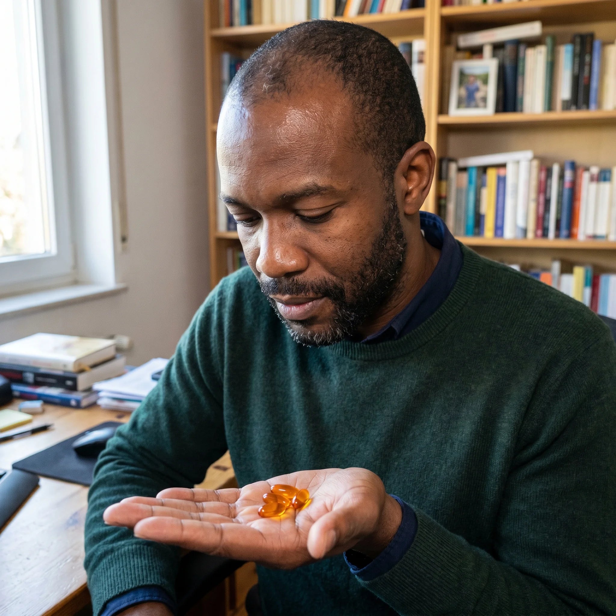 Mann Mitte 40, afrodeutsch, im Arbeitszimmer, schaut auf drei Softgels in der offenen Handfläche.