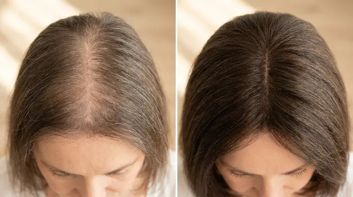 Links: Haarausfall durch DHT — breiter Scheitel, sichtbare Kopfhaut. Rechts: dichteres Haar nach Hemmung der DHT-Produktion.