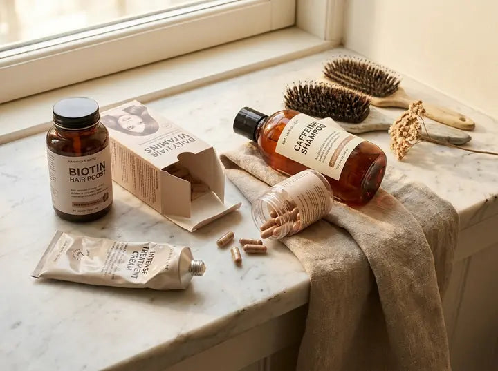 Der Produktfriedhof: Biotin, Kieselerde, Koffein-Shampoo, Priorin. Keines davon hemmt DHT.